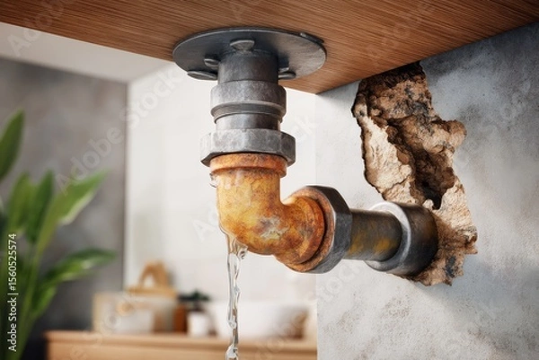 Obraz Water Leaking from a Damaged Pipe inside a Modern Home with Interior Damage