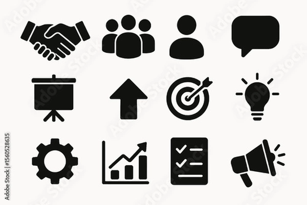 Fototapeta Black set of 12 corporate icons. Minimal vector for goals, success, and collaboration.