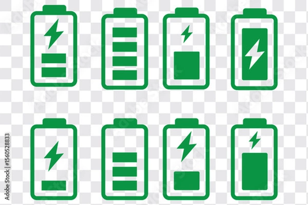 Obraz battery icons showing various charge levels and charging states. Perfect for mobile apps, UI design, tech dashboards, and energy related infographics.