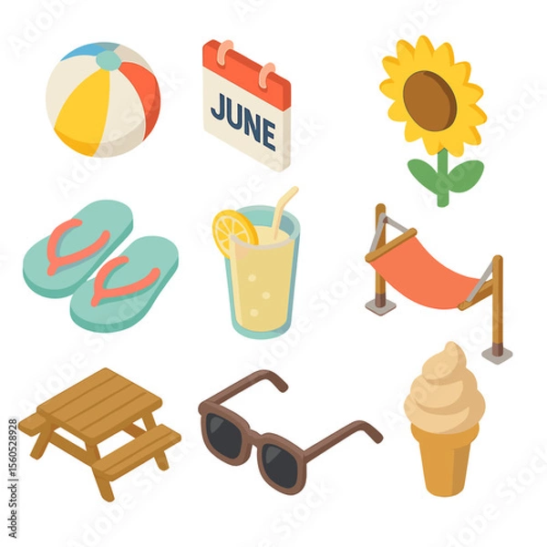 Fototapeta June Icons Collection. Isometric Flat icon set of June: beach ball, calendar page “June”, sunflower, flip-flop sandals, lemonade