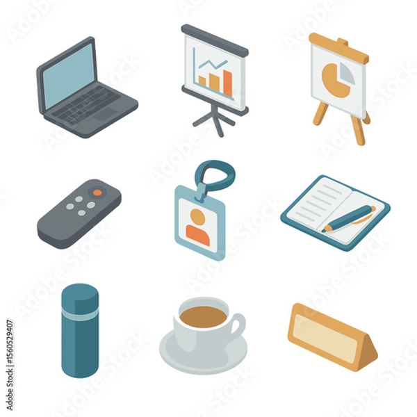 Fototapeta Local Workshop Icons. Isometric Flat icon set of local workshop seminar: laptop computer, presentation screen, flip chart,