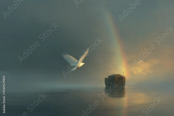 Obraz Noah's Ark in Single Sunbeam at Dawn, White Dove with Olive Branch Flying to Storm Center, Distant Rainbow Misty Atmosphere, Minimalist Symbolism Muted Golden Digital Art