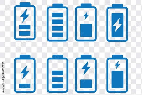 Obraz battery icons showing various charge levels and charging states. Perfect for mobile apps, UI design, tech dashboards, and energy related infographics.