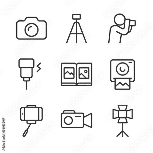 Fototapeta Photography Icon Set. Outline icon set of photographing the moment: camera, tripod, photographer, flash, photo album, instant