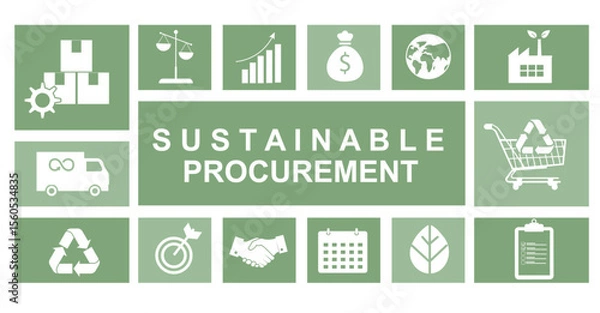Fototapeta Sustainable Procurement Icon Grid Green Background. sustainable procurement infographic with white icons on green tiles representing ESG business strategy. Ethical Sourcing. Vector illustration