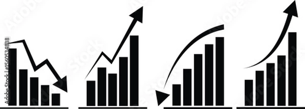 Fototapeta A business chart featuring an arrow and a set of growing graph icons. This simple symbol represents increases and decreases in charts, illustrated as a vector on a transparent background.

