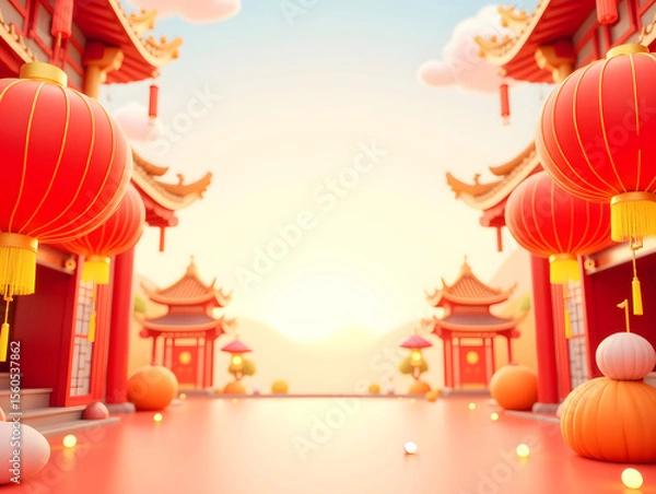 Fototapeta 3D rendering of Chinese style lantern creative display stand, Lunar New Year and Spring Festival festival scene illustrations
