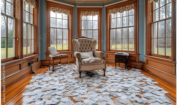 Fototapeta Empty, bright room has a chair with papers scattered around. Large windows overlook an outside area