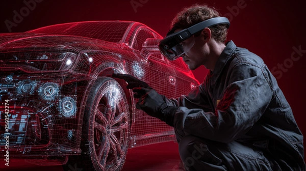 Obraz Mechanic repairing a vehicle using a projected digital manual from a headset, holograms of car parts and error diagnostics hovering. Deep red background.