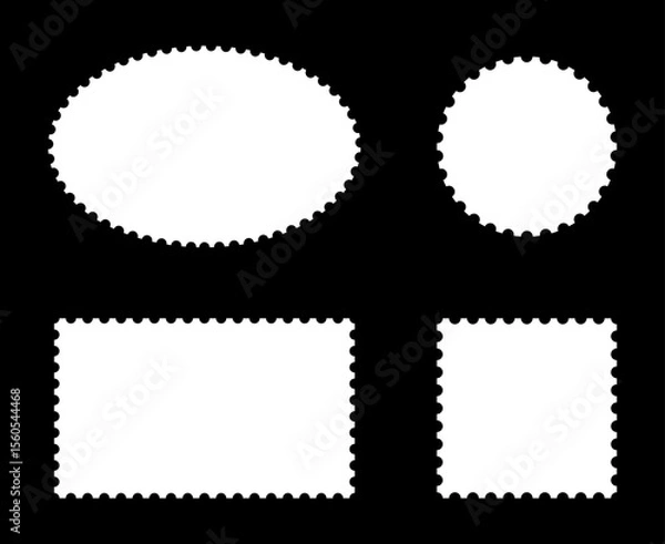 Fototapeta Set of postage stamp frames. Empty borders, backgrounds for postcards, letters. Tags, labels, coupons, boxes with curvy, wiggly, wavy perforated edges. Blank circle, rectangular vintage stamps.
