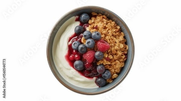 Fototapeta A delightful bowl of yogurt topped with granola, blueberries, raspberries, and a drizzle of berry sauce