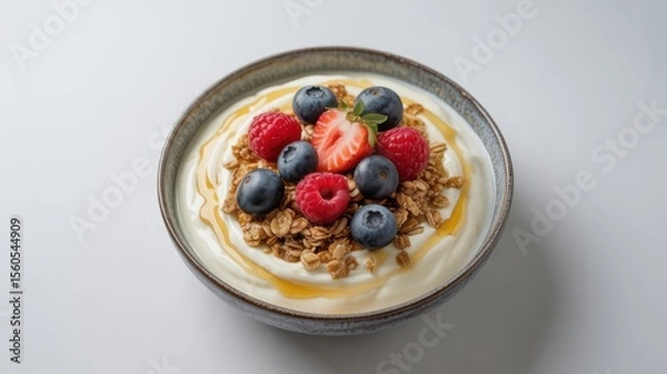 Fototapeta A delightful bowl of yogurt topped with fresh berries, granola, and honey drizzle, presented on a minimalist white background