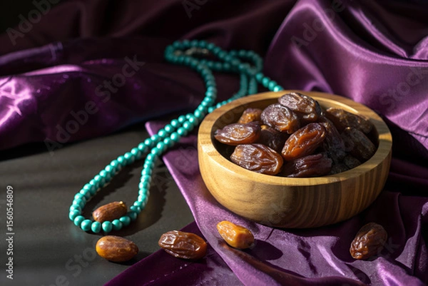 Obraz Dates in a Wooden Bowl with Teal Beads