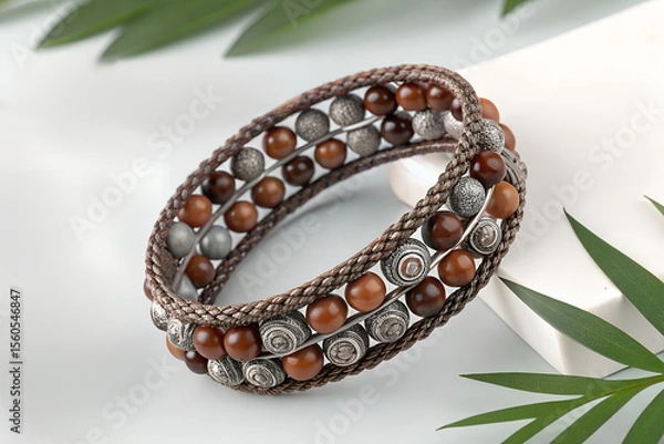 Obraz Elegant Wrap Bracelet with Brown and Silver Beads