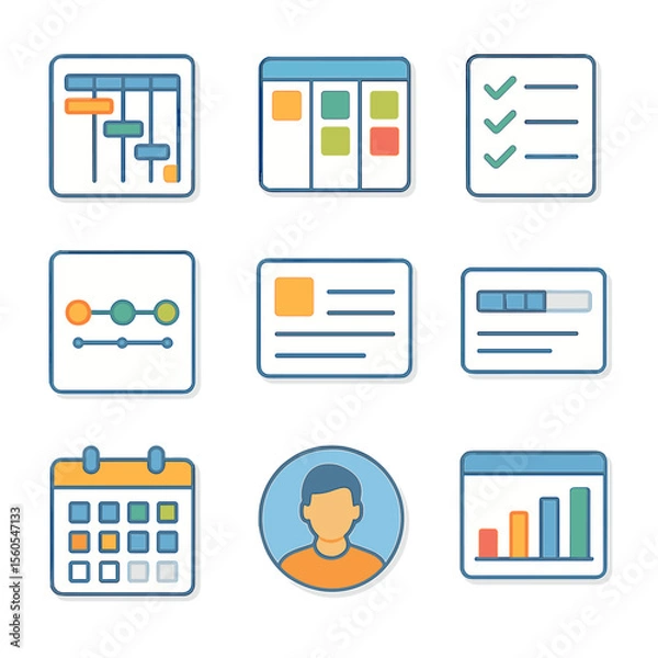 Obraz Project Management Icons. Isometric Flat icon set of project management tools: Gantt chart, Kanban board, checklist, timeline