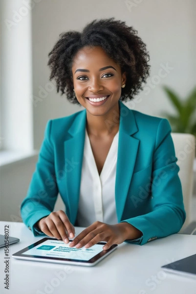 Fototapeta A smiling Black woman in a teal blazer sits at a desk, interacting with a tablet.