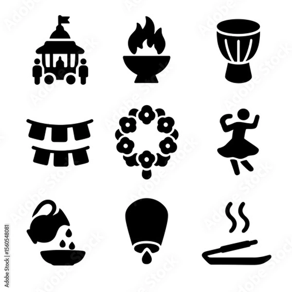 Obraz Religious Festival Icons. Solid, filled icon set of religious festivals and ceremonies: temple procession, fire ritual, music drum