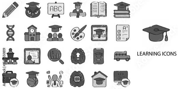 Fototapeta Learning simple concept 24 hand drawn Grew color icons set .Vector illustration.	