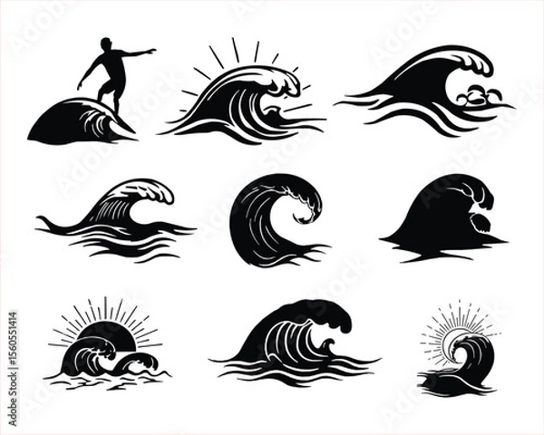Fototapeta A collection of black and white silhouette surf waves, some featuring a surfer.