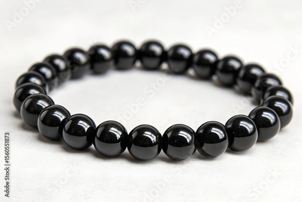 Obraz Black Onyx Beaded Bracelet on White Surface