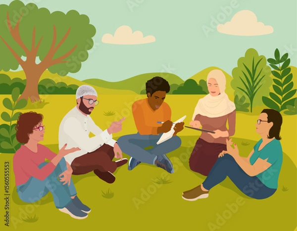 Fototapeta Diverse people collaborating outdoors in casual setting showing teamwork unity and inclusion