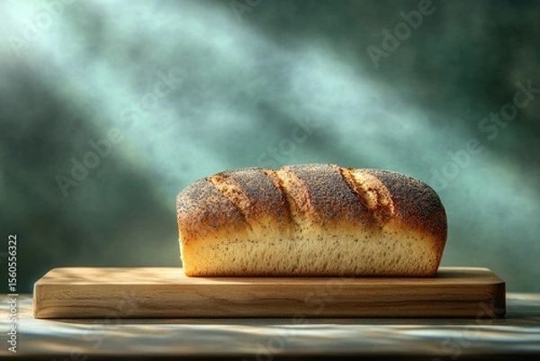 Fototapeta A loaf of crusty bread with poppy seeds, resting on a wooden board, bathed in soft light.