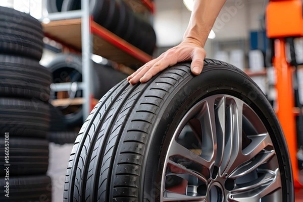 Obraz Mechanic Hand Holding Car Tire in Auto Repair Shop – Automotive Maintenance, Tire Replacement, and Vehicle Service Concept with Tire Racks in Background

