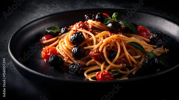 Fototapeta Rustic Spaghetti alla Puttanesca with Fresh Ingredients on a Dark Plate