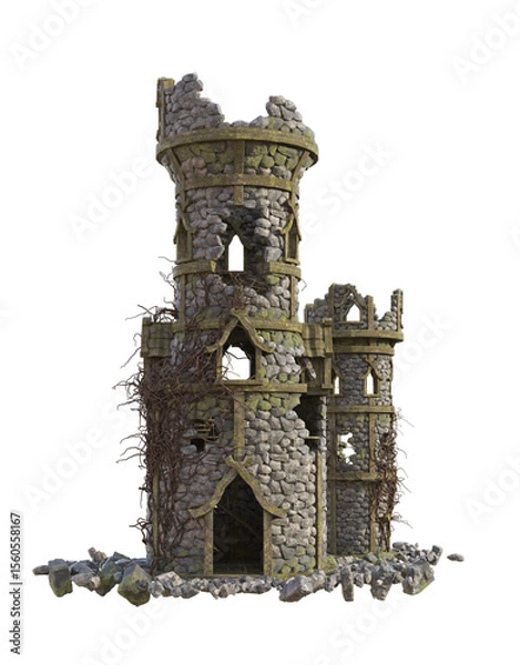 Obraz Ruins of two destroyed stone fantasy towers. Concept of time passing. 3d illustration on transparent background. 