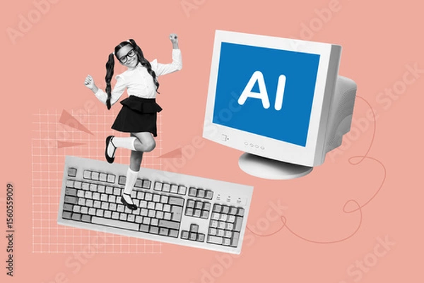 Fototapeta Trend artwork design collage sketch of computer monitor keyboard schoolgirl stand smile remote learning pupil intellect virtual education