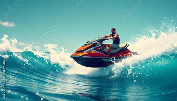 Obraz Man on jet ski jump on the wave, pop art. White tone