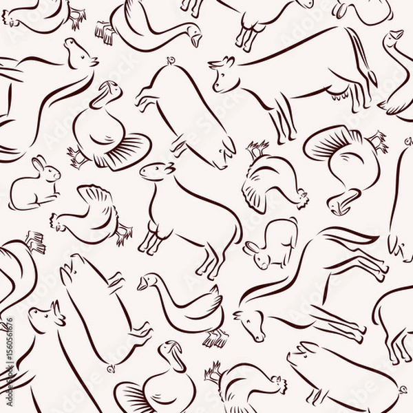 Fototapeta Farm animals background, pattern set. Collection icons farm animals. Vector