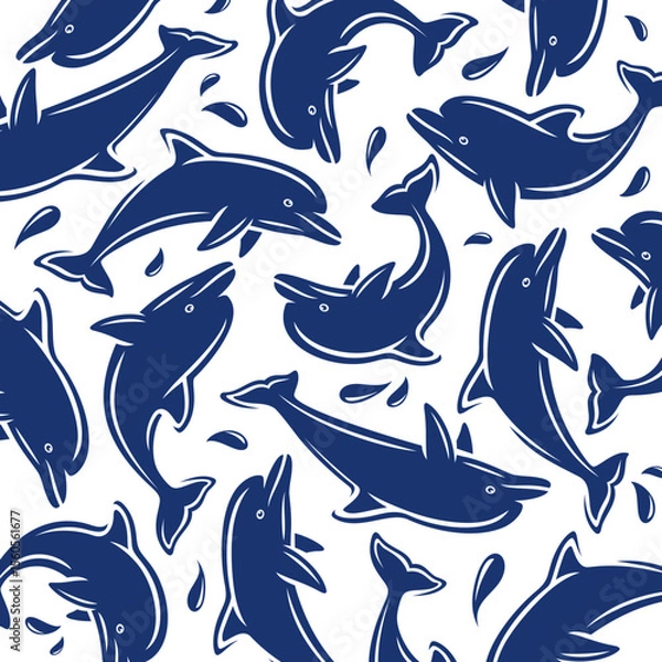 Fototapeta Dolphins background, pattern set. Collection icon dolphins. Vector