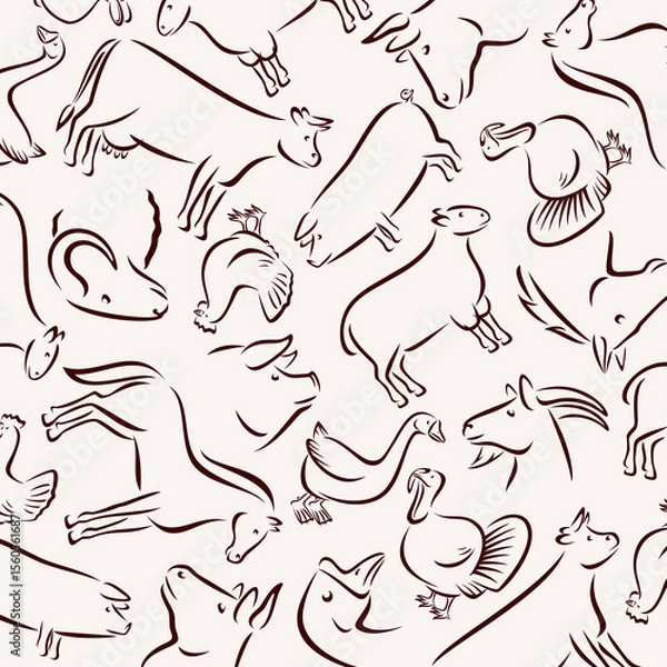 Fototapeta Farm animals background, pattern set. Collection icons farm animals. Vector