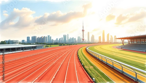 Obraz Wide race track and city suburb skyline on a sunny day in Shanghai,panoramic view, crayon drawing. White tone