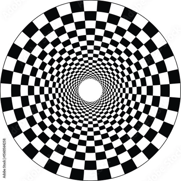 Fototapeta Optical illusion checkerboard pattern black and white vortex tunnel background design graphic art image 3d effect