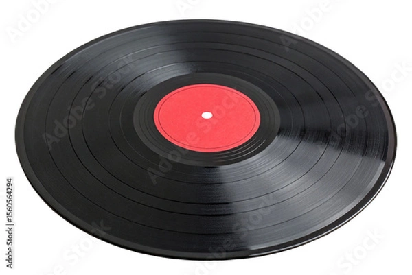 Fototapeta Black Vinyl Record with Bold Red Center Label Isolated on Transparent Background