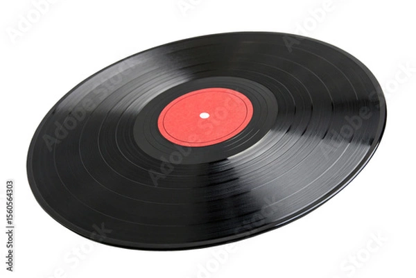 Fototapeta Retro Music Vinyl with Red Label Close-Up Isolated on Transparent Background