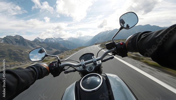 Obraz POV of motorbiker holding steering bar, riding in Alps, one line art. White tone
