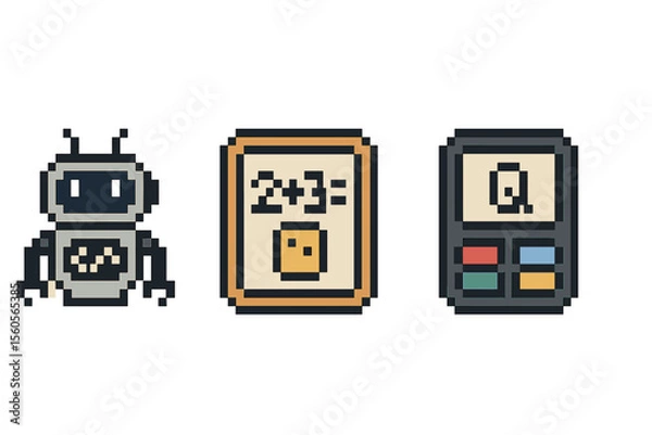 Obraz Retro pixel art icons of robot, math board, calculator vector icon isolated illustration