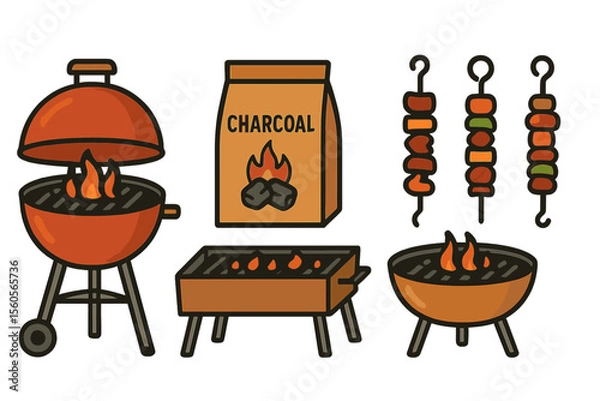Obraz Barbecue grills and skewers with charcoal illustration vector icon isolated illustration