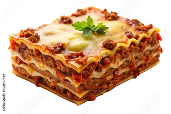 Fototapeta Slice of Baked Lasagna with Minced Meat and Cheese Isolated on Transparent Background