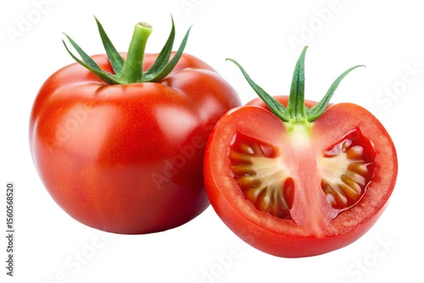 Fototapeta Red Tomato with Green Stem and Half Cut Showing Inside Isolated on Transparent Background