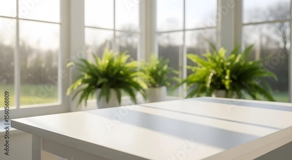 Fototapeta Sunlit White Table with Lush Green Ferns in a Bright Conservatory