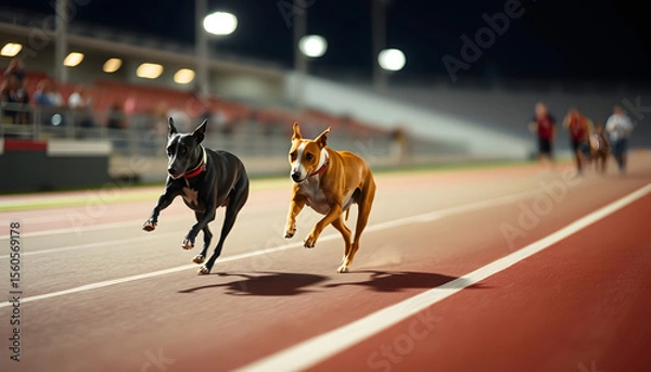 Obraz Whippet Dogs running, Racing at Track, Backlit. White tone