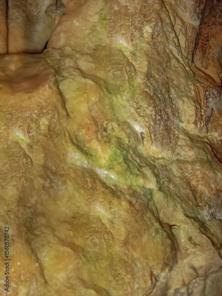 Fototapeta Abstract drawing of an underground cave with stalactites and stalagmites. Limestone karst formation. Travel and vacation concept. Digital painting. Abstract naturalism, relief pattern.