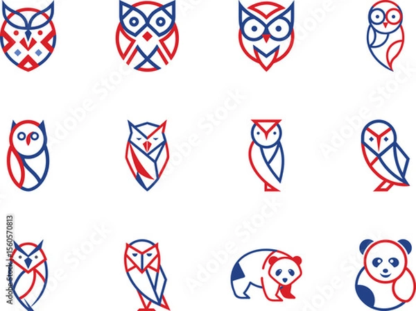 Fototapeta Twelve line animal icons depict owl variations and stylized pandas isolated on white