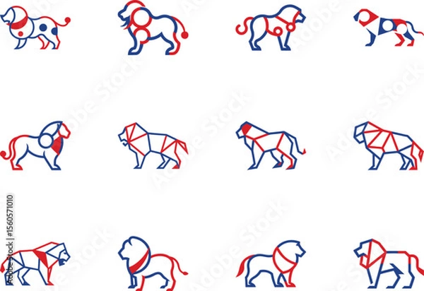 Fototapeta Twelve distinct lions are depicted in a blue and red color scheme on a white backdrop