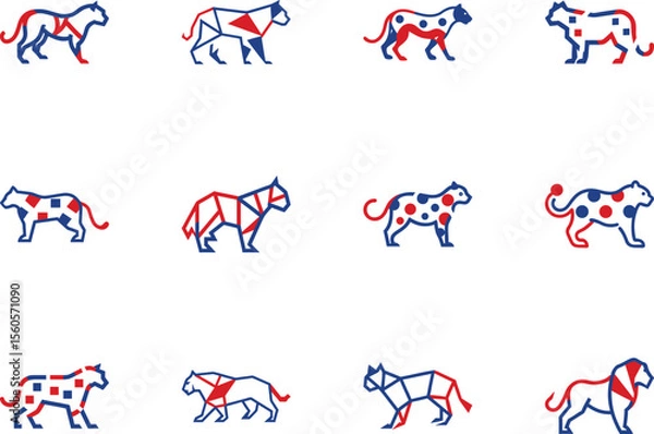Fototapeta Twelve isolated blue and red lion icons are arranged symmetrically against a transparent white backdrop