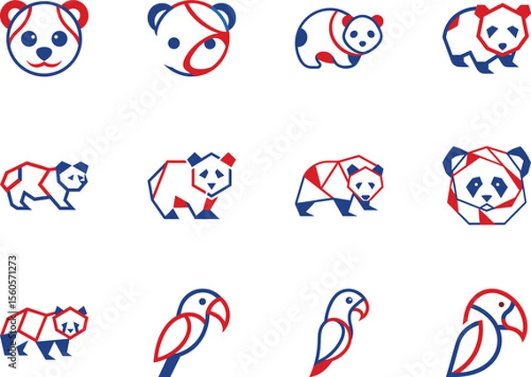 Fototapeta Blue and red minimalistic animals, pandas and parrots, showcasing logos on white background, transparent